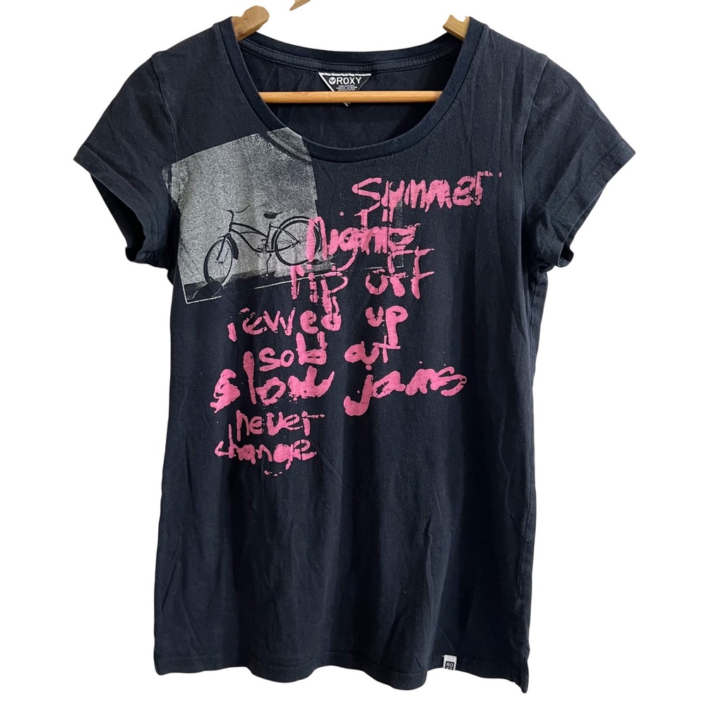 Roxy Graphic Tee Black Pink Bicycle Summer Nights Shirt Size Large Women